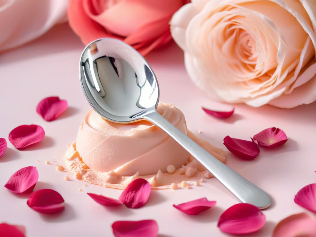  An ultracloseup, highresolution image of a delicate, intricately designed dessert spoon resting gently on a bed of pastel pink rose petals. The spoon is crafted from shimmering silver, catching the light to reveal a flawless mirrorlike surface. Its handle is adorned with ornate floral engravings, accentuating the elegant curves and intricate details. The soft petals beneath it provide a subtle contrast, their velvety texture adding a touch of natural beauty to the scene. This minimalist yet visually captivating image evokes a sense of sophistication and refinement, perfectly complementing the theme of creating modern, healthy desserts with alternative sweeteners. hyperrealistic, full body, detailed clothing, highly detailed, cinematic lighting, stunningly beautiful, intricate, sharp focus, f/1. 8, 85mm, (centered image composition), (professionally color graded), ((bright soft diffused light)), volumetric fog, trending on instagram, trending on tumblr, HDR 4K, 8K