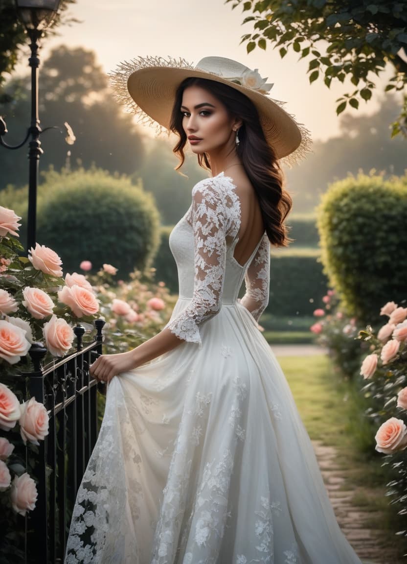  silhouette style Delicate English watercolour in pastel tones, on the background of English garden flowers powder roses in dew, among roses stands a lovely in a straw hat decorated with flowers and in a lush dress with lace, openwork wrought iron fence, octane, dew glistens and shimmers in the sun lumen, in the distance marble statue, aesthetic flowers,art botanical, organic biological,realistic . high contrast, minimalistic, black and white, stark, dramatic hyperrealistic, full body, detailed clothing, highly detailed, cinematic lighting, stunningly beautiful, intricate, sharp focus, f/1. 8, 85mm, (centered image composition), (professionally color graded), ((bright soft diffused light)), volumetric fog, trending on instagram, trending on tumblr, HDR 4K, 8K