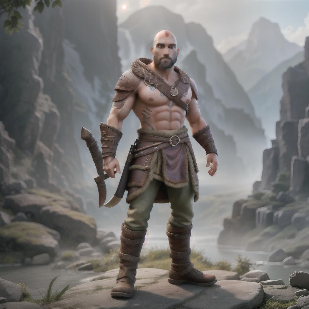  God of war hyperrealistic, full body, detailed clothing, highly detailed, cinematic lighting, stunningly beautiful, intricate, sharp focus, f/1. 8, 85mm, (centered image composition), (professionally color graded), ((bright soft diffused light)), volumetric fog, trending on instagram, trending on tumblr, HDR 4K, 8K