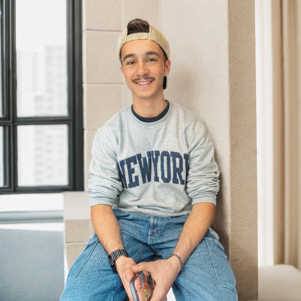  A boy sitting in newyork, raw photo, (4k, best quality, masterpiece:1.2), ultrahigh res, highly detailed, sharp focus, (perfect image composition)