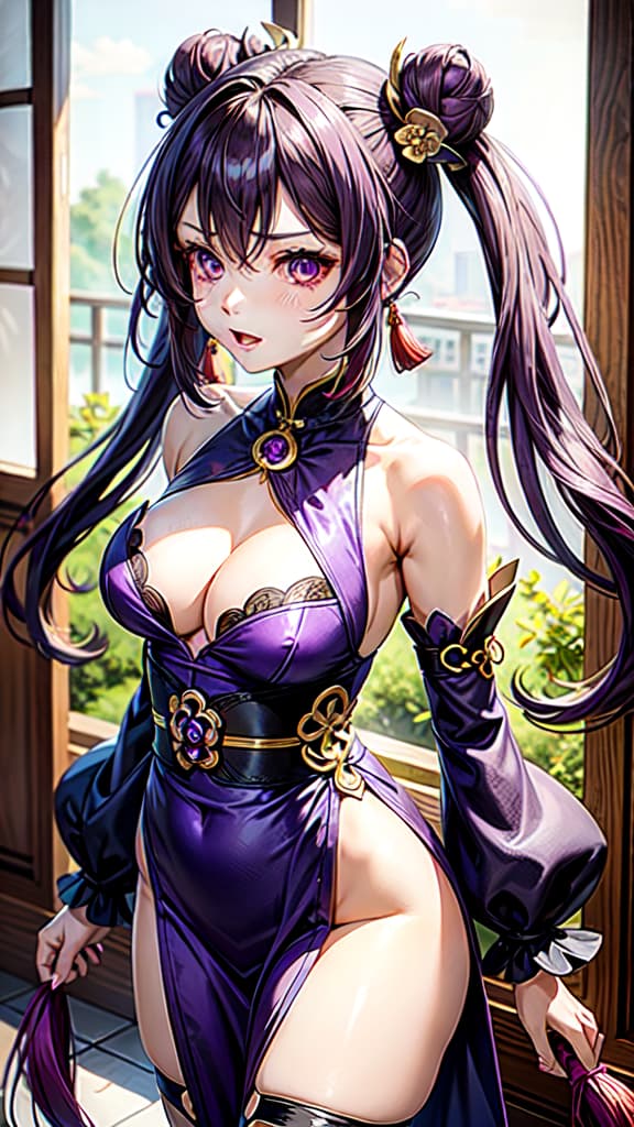  全裸 巨乳, keqing (genshin impact),purple eyes,purple hair,twintails, hair ornament,bare shoulders,dress,hair bun,detached sleeves,