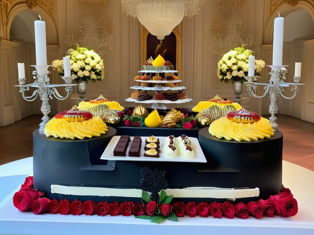  An ultradetailed, 8k resolution image of a sumptuous baroque dessert table inspired by Caravaggio's rich and dramatic art style. The table is elegantly set with decadent cakes adorned with intricate sugar sculptures resembling Caravaggio's famous chiaroscuro paintings. Delicate pastries and desserts are meticulously arranged on exquisite antique silver platters, surrounded by opulent floral arrangements and ornate candelabras casting a soft, warm glow on the scene. The image captures the luxurious and indulgent essence of a baroque feast, inviting viewers to immerse themselves in the artful world of Caravaggioinspired desserts. hyperrealistic, full body, detailed clothing, highly detailed, cinematic lighting, stunningly beautiful, intricate, sharp focus, f/1. 8, 85mm, (centered image composition), (professionally color graded), ((bright soft diffused light)), volumetric fog, trending on instagram, trending on tumblr, HDR 4K, 8K