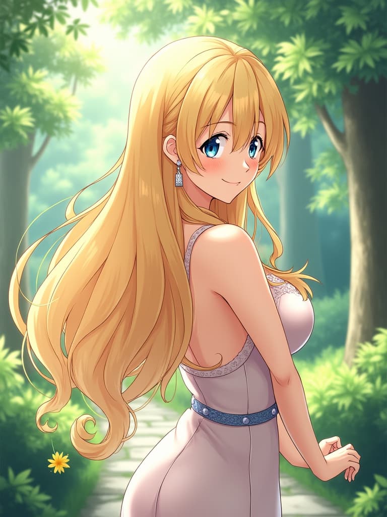  in the image, a beautiful blonde woman is posing with her back towards the viewer, displaying her long and luxurious hair. she appears to be in a garden setting, surrounded by trees, creating a serene atmosphere. her hair cascades down her back, and she is adorned with a pair of earrings, further enhancing her elegance., anime artwork, anime style, key visual, vibrant, studio anime, highly detailed