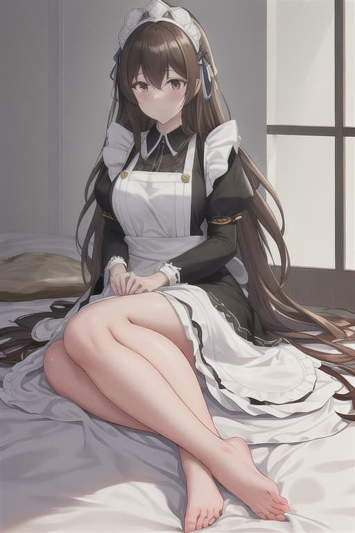  (score 9,score 8 up,score 7 up,),3girls,maid,maid headdress,looking at viewer,apron,brown hair,indoors,black hair,bare foot,feet focus,two feet hyperrealistic, full body, detailed clothing, highly detailed, cinematic lighting, stunningly beautiful, intricate, sharp focus, f/1. 8, 85mm, (centered image composition), (professionally color graded), ((bright soft diffused light)), volumetric fog, trending on instagram, trending on tumblr, HDR 4K, 8K