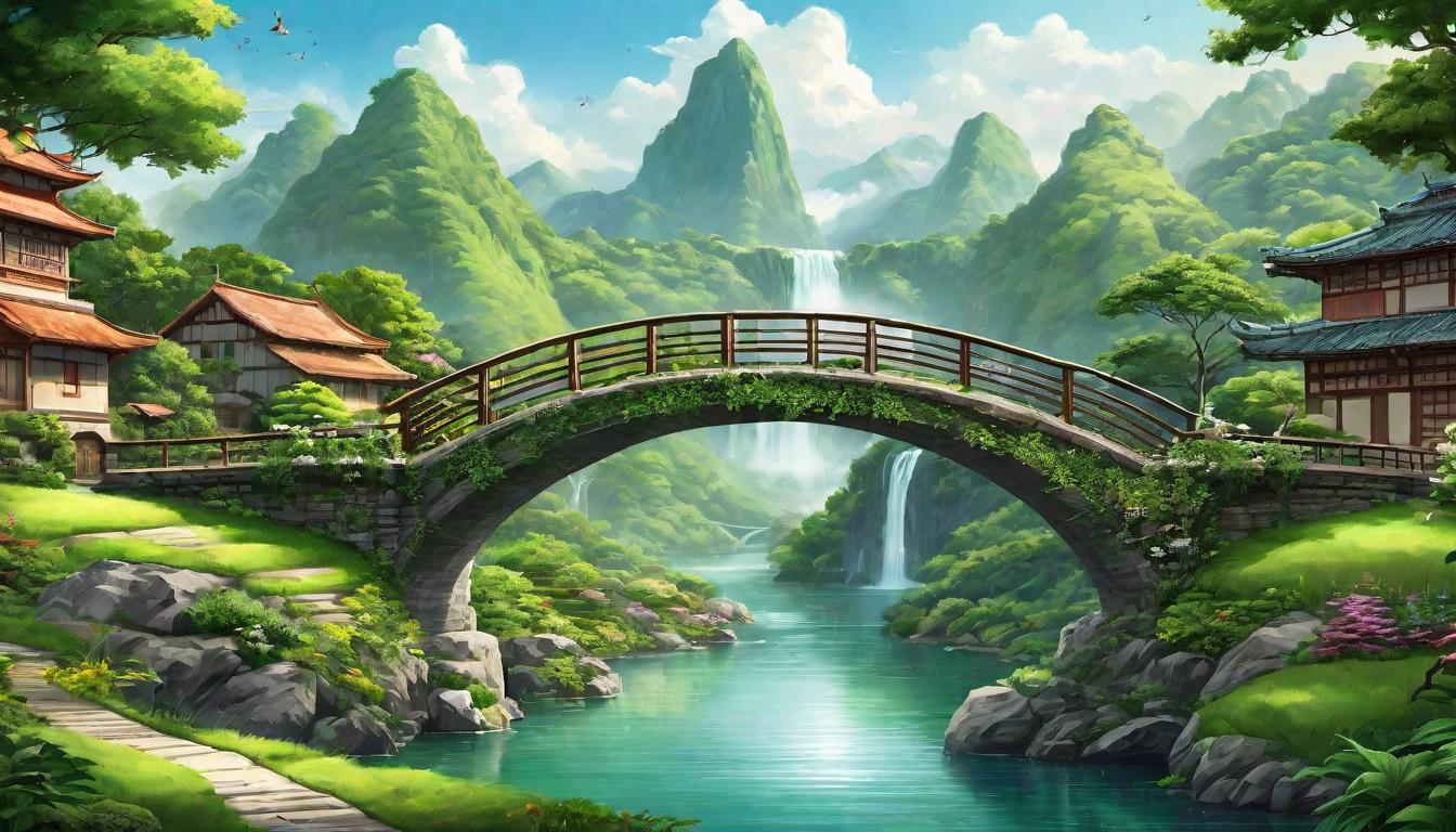  digital illustration A bridge spanning between traditional medical buildings and a lush green landscape with meditation and yoga, transcending healthcare boundaries, bridging, expansive looking at viewer, dynamic pose, (intricate details, masterpiece, best quality)