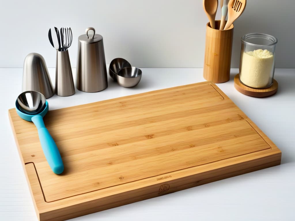  An ultradetailed image of a sleek, modern kitchen countertop adorned with an array of ecofriendly vegan baking utensils crafted from sustainable bamboo, recycled stainless steel, and BPAfree silicone. The meticulous arrangement includes a rolling pin, measuring cups, mixing bowls, pastry brush, cookie cutters, and a whisk, all exuding an aura of sophistication and ecoconsciousness. The soft, natural lighting highlights the minimalist design and earthy color palette of the utensils, emphasizing their functionality and environmental sustainability. hyperrealistic, full body, detailed clothing, highly detailed, cinematic lighting, stunningly beautiful, intricate, sharp focus, f/1. 8, 85mm, (centered image composition), (professionally color graded), ((bright soft diffused light)), volumetric fog, trending on instagram, trending on tumblr, HDR 4K, 8K