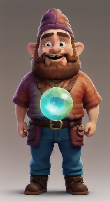  {A dwarf holding a large, glowing gemstone, surrounded by other dwarves, all with expressions of surprise and wonder., Dwarves are short, with bushy beards and rosy cheeks. They wear colorful tunics, pointy hats, and sturdy boots. They have twinkling eyes and joyful smiles.