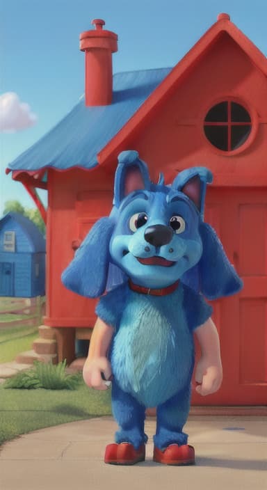  {Max the big blue dog standing in front of a cozy little house with a red door, The big blue dog is large with sky blue fur, big round eyes, a black nose, and floppy ears.