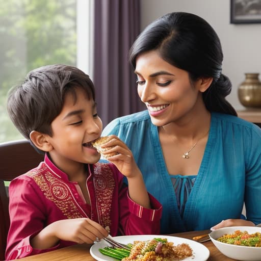  /send image a indian single mother in table eating with her 10 year young child .As the image depicting an Indian single mother, clad in traditional wear, comfortably sitting at a dining table with her ten-year-old son appears before her eyes, she is instantly captivated. She adores the serene yet close-knit moment they share—the warm glow of domestic happiness illuminating their faces as they enjoy a meal together. The child looks up at his mother admiringly while munching happily on his food, clearly cherishing this quiet bonding time with his parent. hyperrealistic, full body, detailed clothing, highly detailed, cinematic lighting, stunningly beautiful, intricate, sharp focus, f/1. 8, 85mm, (centered image composition), (professionally color graded), ((bright soft diffused light)), volumetric fog, trending on instagram, trending on tumblr, HDR 4K, 8K