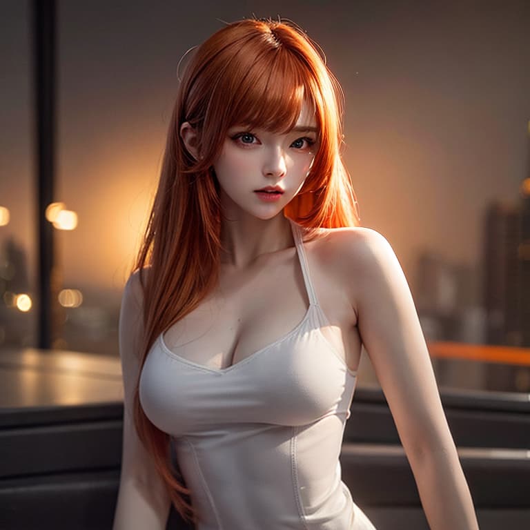  ultra detailed 8k cg, ultra realitsic, masterpiece, spotlight, cinematic lighting, (1 woman), orange hair, gorgeous, simple, minimal