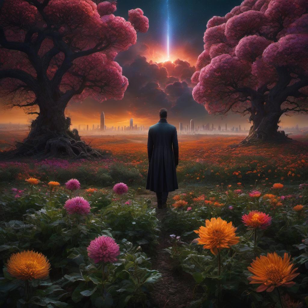  (stylized by Tomasz Alen Kopera:1.3) , dark art, dense flower field and Perseid meteor in background, landscape of a (Barcelona:1.2) , very Bizarre and 1600'S, Hurricane, Glitchcore, Amaro, layered textures, ornate, intricate artistic color, complimentary colors, very inspirational, atmosphere, fine artistic composition, sunny, theatrical hyperrealistic, full body, detailed clothing, highly detailed, cinematic lighting, stunningly beautiful, intricate, sharp focus, f/1. 8, 85mm, (centered image composition), (professionally color graded), ((bright soft diffused light)), volumetric fog, trending on instagram, trending on tumblr, HDR 4K, 8K