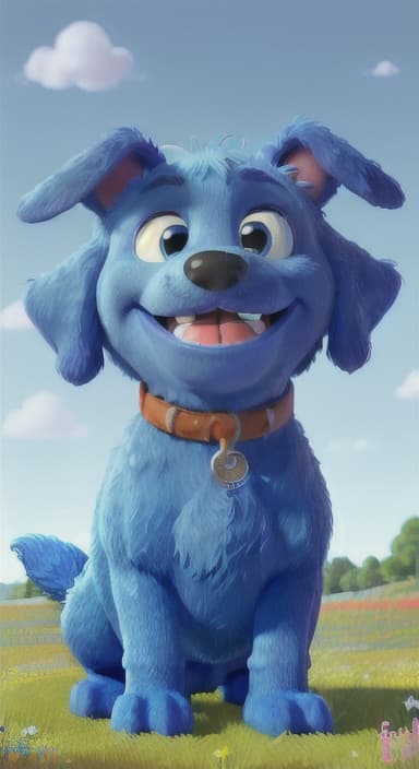  {A happy, big blue dog wagging its tail in a colorful meadow, The big blue dog is large with sky blue fur, big round eyes, a black nose, and floppy ears.