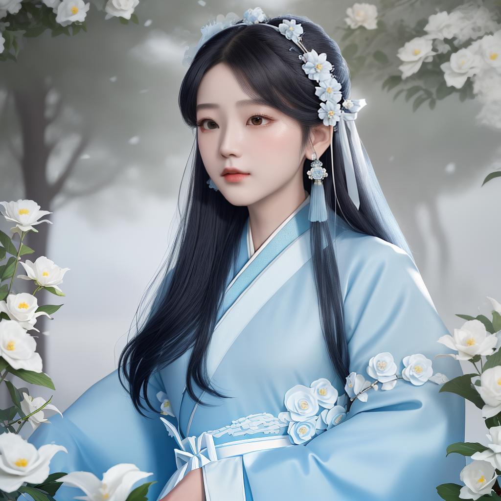  masterpiece, best quality, (Fidelity: 1.4), Best Quality, Masterpiece, Ultra High Resolution, Poster, Fantasy Art, Very Detailed Faces, 8k resolution, Chinese Style, An woman, Side Face, Quiet, Light Blue Hanfu, Tulle Coat, Long Black Hair, Light Blue Fringed Hair Ornament, Hairpin, White Ribbon, White Flower Bush, Light Blue Butterfly Flying, cinematic lighting effects