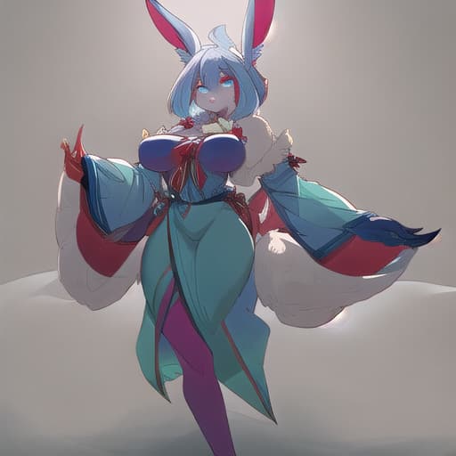  anthropomorphic rabbit with cyan fur, with large breast and big rear the top part of her ears is red. half breasted dress, crop shirt hyperrealistic, full body, detailed clothing, highly detailed, cinematic lighting, stunningly beautiful, intricate, sharp focus, f/1. 8, 85mm, (centered image composition), (professionally color graded), ((bright soft diffused light)), volumetric fog, trending on instagram, trending on tumblr, HDR 4K, 8K