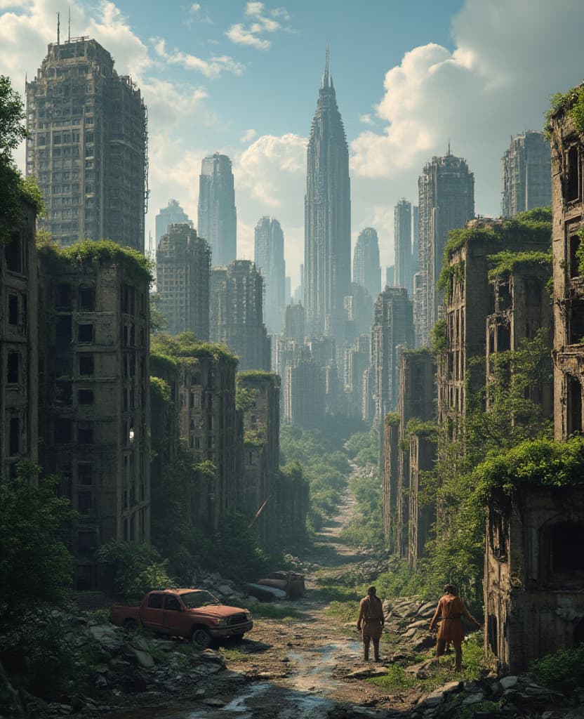  good quality, high quality, create a dystopian cityscape set in the post apocalyptic future during a cloudy afternoon. the art style should be grunge art with a high angle view. the scene should depict a decaying and desolate urban environment, with crumbling skyscrapers, abandoned buildings, and overgrown vegetation reclaiming the city. the atmosphere should be bleak and oppressive, with dark clouds hanging low and casting ominous shadows. scattered remnants of civilization, such as rusted vehicles and broken infrastructure, should be visible. a few survivors in tattered clothing can be seen scavenging for supplies amidst the ruins, highlighting the harsh reality of this dystopian world. the color palette should be muted, with earthy tones