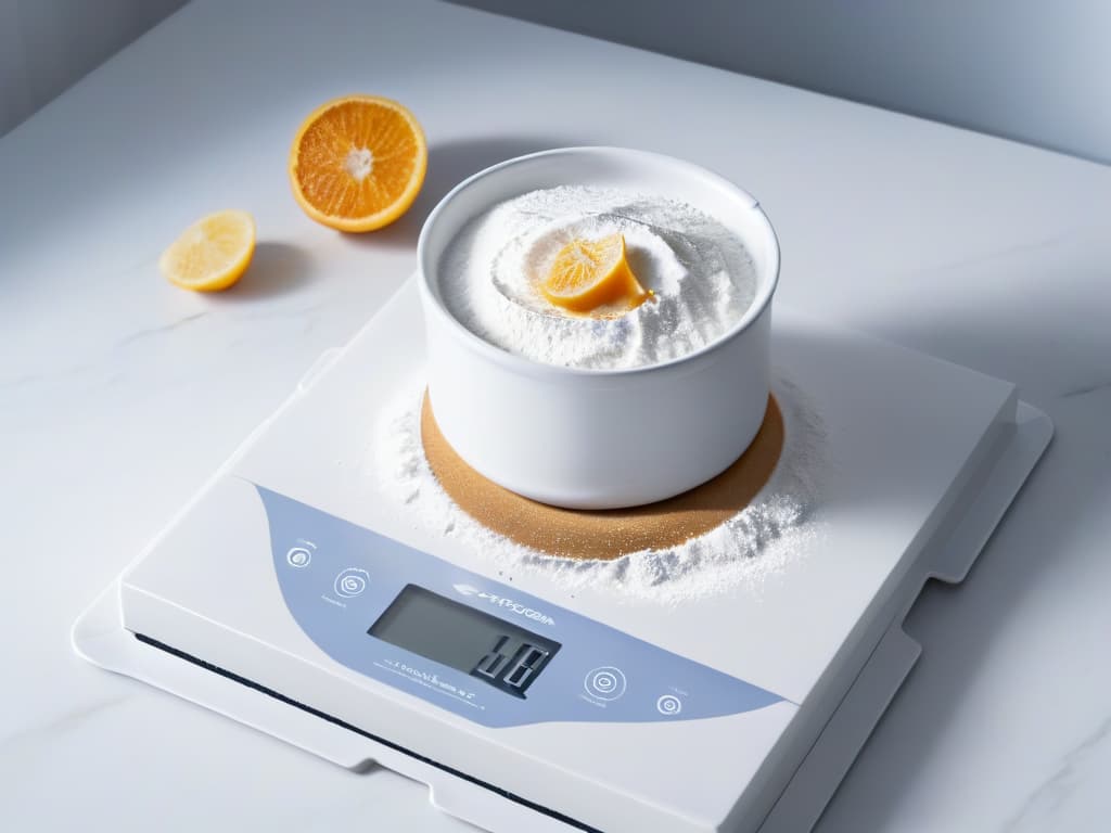  A closeup, ultradetailed image of a sleek, modern digital kitchen scale displaying precise measurements of flour and sugar, set against a clean, white marble countertop. The scale features a futuristic design with a digital display showing the weights down to the gram, emphasizing precision and accuracy in baking. The lighting is soft, casting gentle shadows to enhance the minimalistic and professional aesthetic of the image. hyperrealistic, full body, detailed clothing, highly detailed, cinematic lighting, stunningly beautiful, intricate, sharp focus, f/1. 8, 85mm, (centered image composition), (professionally color graded), ((bright soft diffused light)), volumetric fog, trending on instagram, trending on tumblr, HDR 4K, 8K