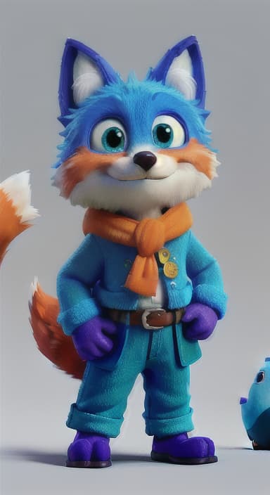  {Error the fox pressing the blue button with his paw, looking puzzled as nothing occurs., Error is a small, bright orange fox with a fluffy tail and big, inquisitive eyes. He has a mischievous yet kind expression and wears a tiny green scarf.