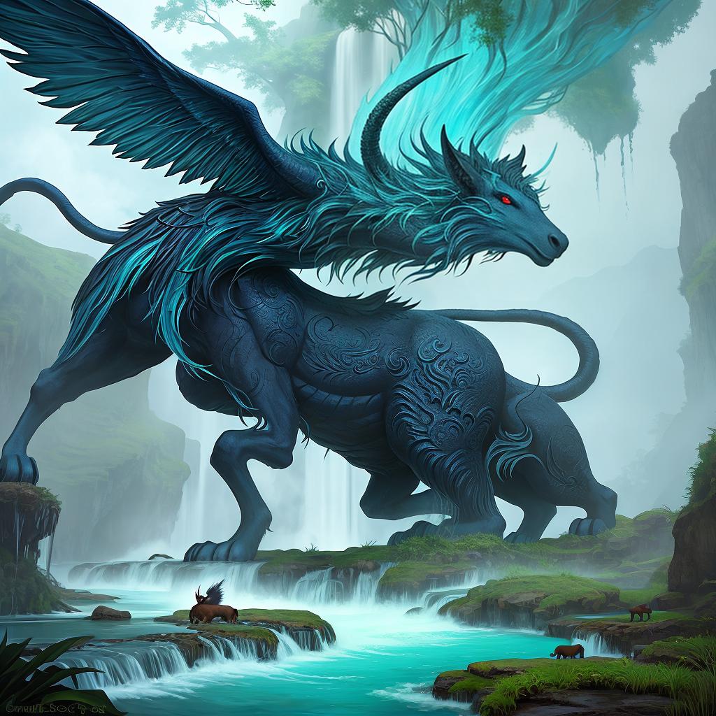  in a fantasy setting, Paint a surreal landscape where mythical beasts roam amidst cascading waterfalls.