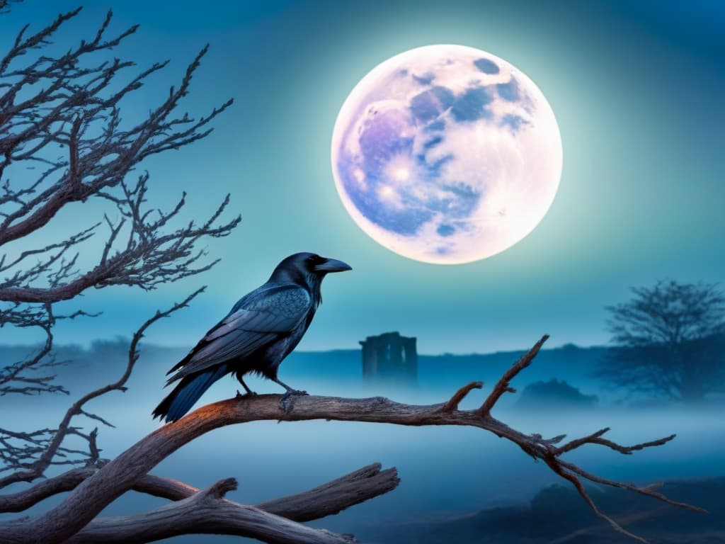  A hauntingly beautiful watercolor painting depicting a solitary raven perched on a gnarled tree branch against a backdrop of a full moon illuminating a desolate graveyard. The raven's feathers are intricately detailed, showcasing a mesmerizing blend of dark blues, purples, and blacks, with hints of iridescent greens. The eerie atmosphere is heightened by swirling mists that dance around the scene, adding a sense of mystery and foreboding to the composition. hyperrealistic, full body, detailed clothing, highly detailed, cinematic lighting, stunningly beautiful, intricate, sharp focus, f/1. 8, 85mm, (centered image composition), (professionally color graded), ((bright soft diffused light)), volumetric fog, trending on instagram, trending on tumblr, HDR 4K, 8K