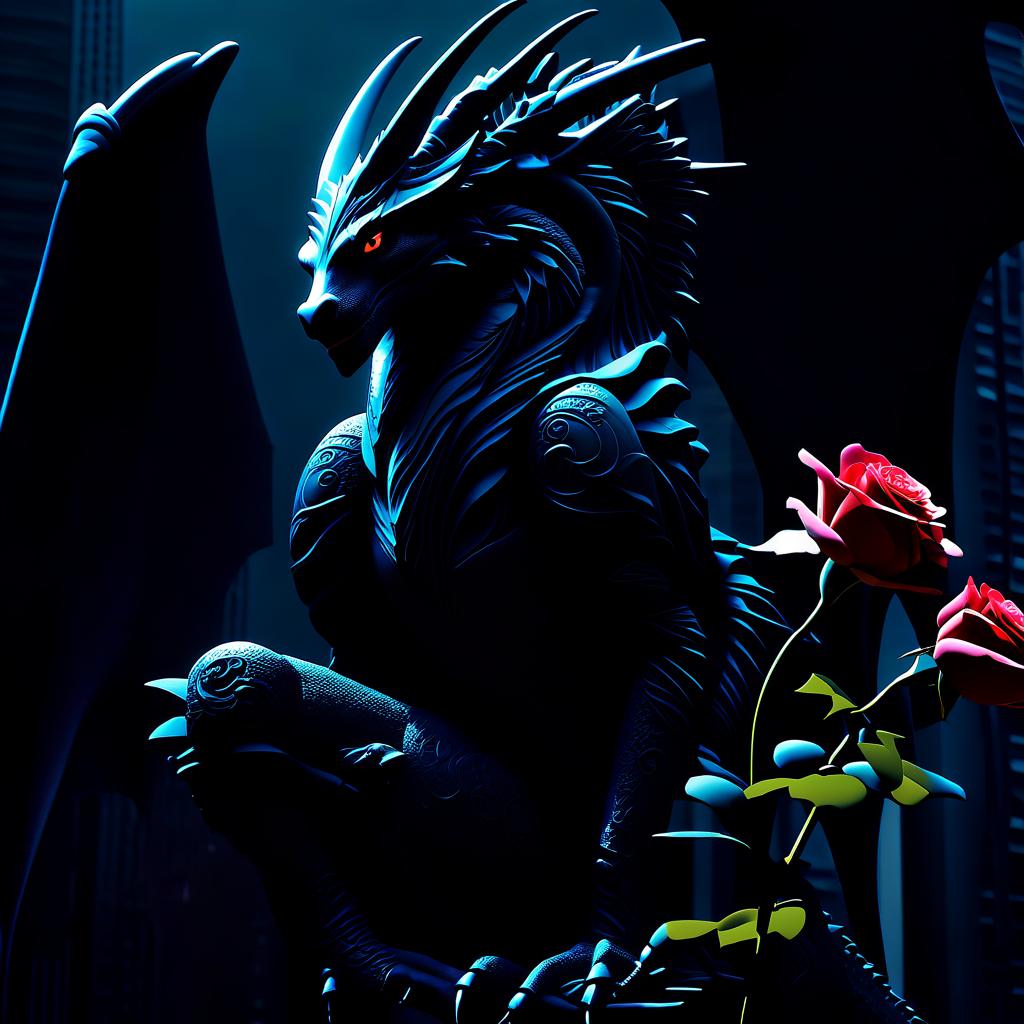  metropolis themed This dragon may look scary, but he has a good heart. Accompanied by a devoted phoenix, roses bloom wherever he is. . urban, cityscape, skyscrapers, modern, futuristic, highly detailed hyperrealistic, full body, detailed clothing, highly detailed, cinematic lighting, stunningly beautiful, intricate, sharp focus, f/1. 8, 85mm, (centered image composition), (professionally color graded), ((bright soft diffused light)), volumetric fog, trending on instagram, trending on tumblr, HDR 4K, 8K