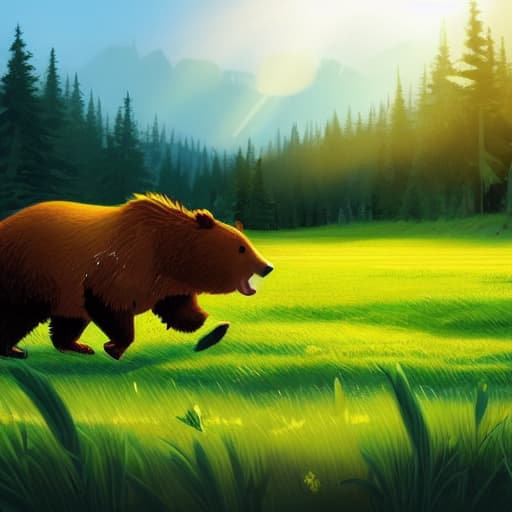  a bear is running through the field, forest, moolight, dangerous