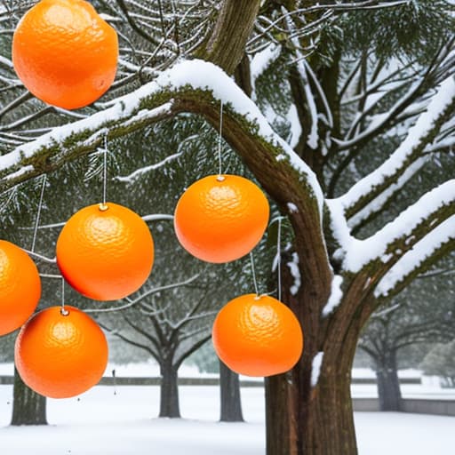  Group of oranges hanging from a tree in the snow