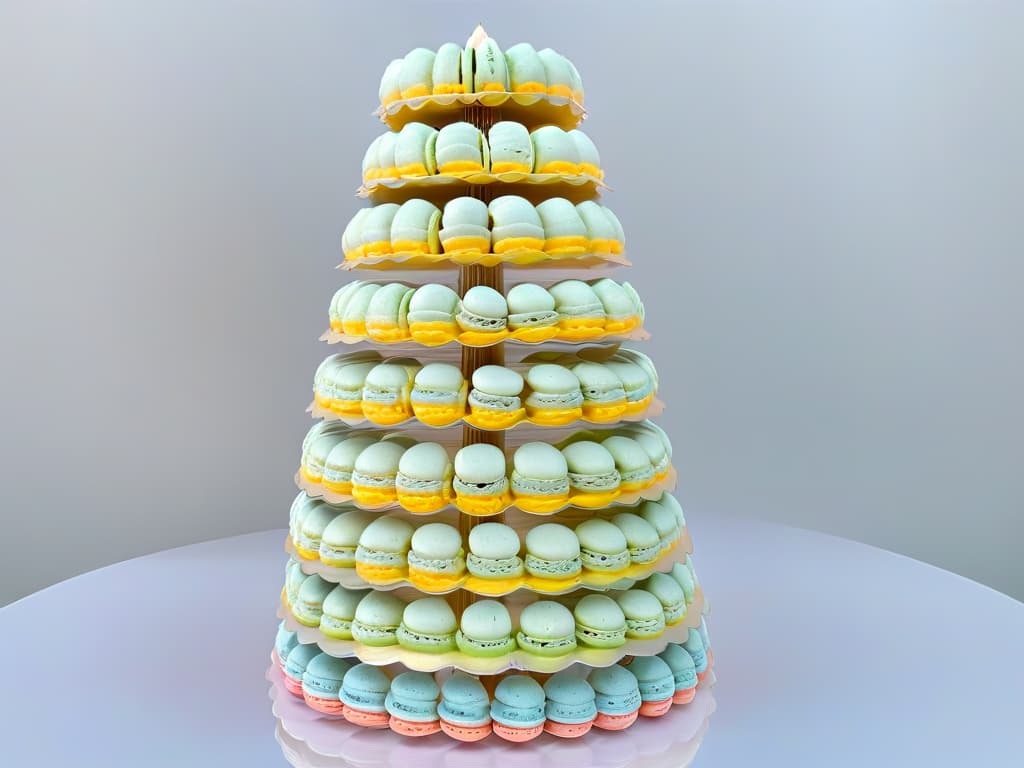  A closeup, ultradetailed image of a delicate French macaron tower, showcasing a variety of pastel colors and intricate textures, set against a clean, white background. Each macaron is perfectly formed, with smooth, glossy shells and a decadent, creamy filling peeking out, inviting the viewer to indulge in the sweet, luxurious treat. This minimalist composition exudes elegance and sophistication, capturing the essence of international dessert festivals and tantalizing the senses with its visual appeal. hyperrealistic, full body, detailed clothing, highly detailed, cinematic lighting, stunningly beautiful, intricate, sharp focus, f/1. 8, 85mm, (centered image composition), (professionally color graded), ((bright soft diffused light)), volumetric fog, trending on instagram, trending on tumblr, HDR 4K, 8K