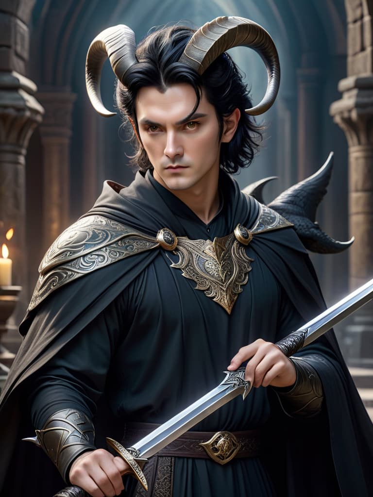  masterpiece, best quality, official art, extremely detailed cg 8k, ethereal fantasy concept art of Make a panned out photo of a white man with black ram horns and short black hair wearing a black flowing cape over his left shoulder and is holding a long sword with a dragon design with talons in his right hand, Man, Villain, Legend, black hair, hair over one eye, horns, masterpiece, best quality,1man, warlock, Mysterious expression, magical dark sword, magical effects like darkness , flowing dark robes, rim lighting, side lighting, cinematic light, ultra high res 8k UHD, film grain, best shadow, delicate, RAW, light particles, detailed skin texture, detailed cloth texture, beautifully detailed face, intricate details, ultra detailed . magnif