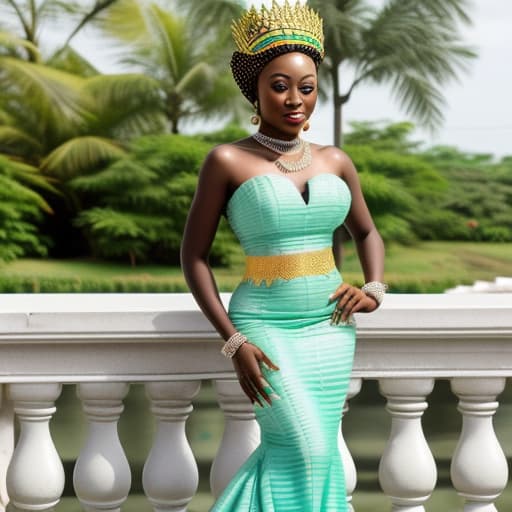  A Ghanaian modern bride in a stylish mint green Ghanaian KENTE gown with chains and petals . Should be a mermaid dress that looks regal and has highlights of kente colors. Must look like a beauty queen with a golden crown