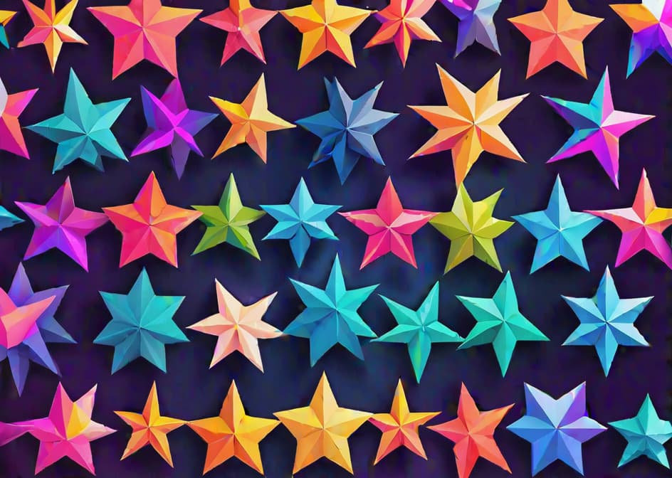  Low Poly Stars Design, featuring a collection of geometric stars in a minimalistic style. The stars are intricately designed with sharp edges and clean lines, giving them a low poly appearance. The background is a gradient of vibrant colors, creating a dynamic and eye-catching effect. The overall mood is modern and playful. The style parameters include low poly, vibrant colors, and modern design. Format: Square., hyperrealistic, full body, detailed clothing, highly detailed, cinematic lighting, stunningly beautiful, intricate, sharp focus, f/1. 8, 85mm, (centered image composition), (professionally color graded), ((bright soft diffused light)), volumetric fog, trending on instagram, trending on tumblr, HDR 4K, 8K hyperrealistic, full body, detailed clothing, highly detailed, cinematic lighting, stunningly beautiful, intricate, sharp focus, f/1. 8, 85mm, (centered image composition), (professionally color graded), ((bright soft diffused light)), volumetric fog, trending on instagram, trending on tumblr, HDR 4K, 8K