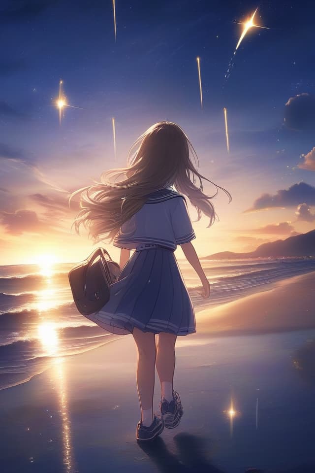  The background is the sea, the sky is in the sky, the sunset is a little in the uniform, the high school girl, the sandy beach, walking, watching the shooting stars.