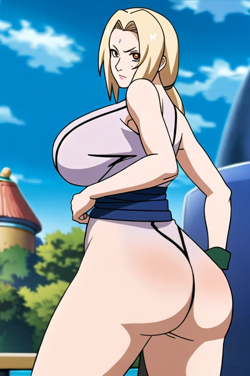  (Tsunade:1.2),(masterpiece, best quality:1.2), illustration, absurdres, highres, extremely detailed,naked_ribbon,arm held back,height difference,head out of frame,completely,holding another's wrist,leaning forward,face,,juice trail,from behind,standing,,turnred face,gigantic_ass,soggysweat oiledwet,dark