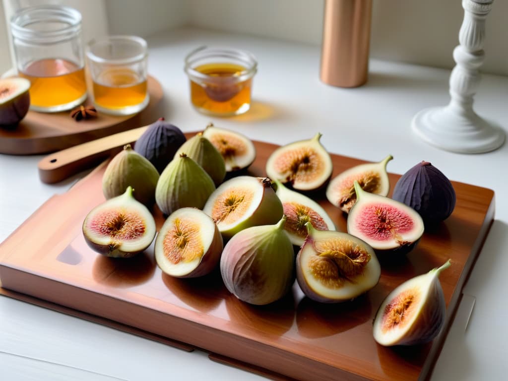  A photorealistic image of a rustic kitchen countertop with a wooden cutting board filled with plump, goldenbrown figs being sliced open, surrounded by ingredients like cinnamon sticks, a jar of honey, and a vintage copper saucepan simmering a rich syrup. The warm natural light from a nearby window illuminates the scene, casting soft shadows and highlighting the textures of the ripe figs and glossy honey. The background shows a glimpse of a cozy kitchen with hanging copper pots and dried herbs, creating a warm and inviting atmosphere perfect for preparing homemade dulce de higos. hyperrealistic, full body, detailed clothing, highly detailed, cinematic lighting, stunningly beautiful, intricate, sharp focus, f/1. 8, 85mm, (centered image composition), (professionally color graded), ((bright soft diffused light)), volumetric fog, trending on instagram, trending on tumblr, HDR 4K, 8K