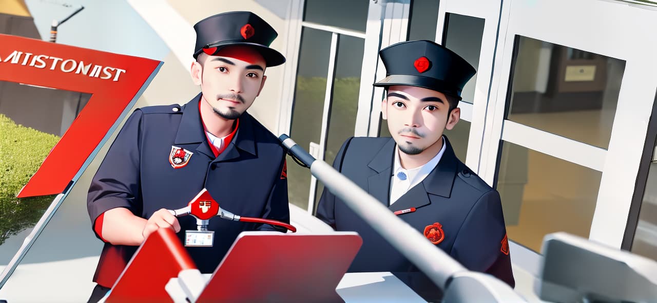  masterpiece, best quality, picture of technicians in red technician uniforms gathering with the words "SMART CCTV"