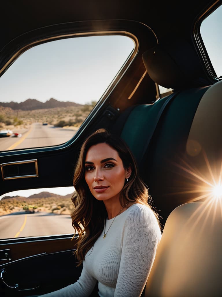  tattooed in backseat of vintage car, fully s, , full body, clic , lights and shadows, (at golden hour:1.2), Arizona roadtrip style, , shallow depth of field, 70's, lens flares hyperrealistic, full body, detailed clothing, highly detailed, cinematic lighting, stunningly beautiful, intricate, sharp focus, f/1. 8, 85mm, (centered image composition), (professionally color graded), ((bright soft diffused light)), volumetric fog, trending on instagram, trending on tumblr, HDR 4K, 8K