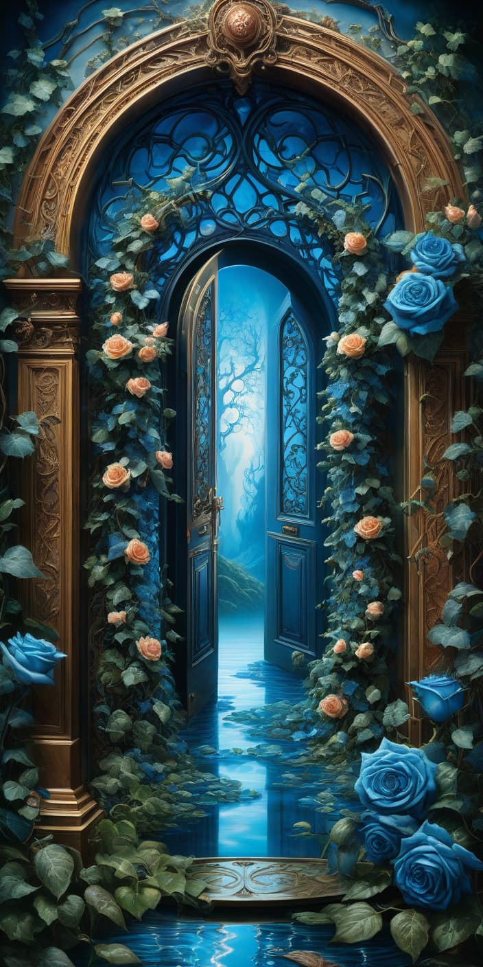  concept art a puddle near the door. Oil Painting. Surrealistic digital image with double exposure and (dissolving textures). (Door to a fairy tale: 1,2). With unusual design. Forged, strange, bizarre:: intricate wrought iron elements in the spirit of Scandinavian ornaments. Intricate floral decoration:: Blue roses, ivy, ornamentation:: plateresco. Background:: surreal abstractionism with elements of masonry covered with ivy and roses. Hyper detailing, intricacy. Fantasy, creativity. Harmony of blue and copper shades. Exquisite rocaille and fantasy surrealism. Decorative excesses. Josephine Wall. Fragonard and Antoine Watteau. Sabbas Aptheros, Alfonso Mucha, Carole Buck, Andrew Jones, Gustav Klimt. High detail. High contrast. High quality. H hyperrealistic, full body, detailed clothing, highly detailed, cinematic lighting, stunningly beautiful, intricate, sharp focus, f/1. 8, 85mm, (centered image composition), (professionally color graded), ((bright soft diffused light)), volumetric fog, trending on instagram, trending on tumblr, HDR 4K, 8K