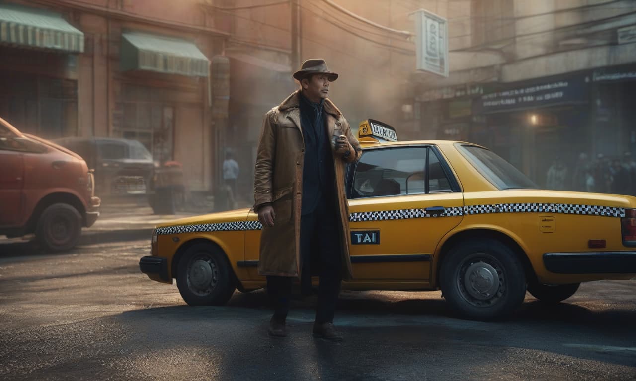  The taxi driver looks into the camera. Next to him stands a car made by Geely. hyperrealistic, full body, detailed clothing, highly detailed, cinematic lighting, stunningly beautiful, intricate, sharp focus, f/1. 8, 85mm, (centered image composition), (professionally color graded), ((bright soft diffused light)), volumetric fog, trending on instagram, trending on tumblr, HDR 4K, 8K