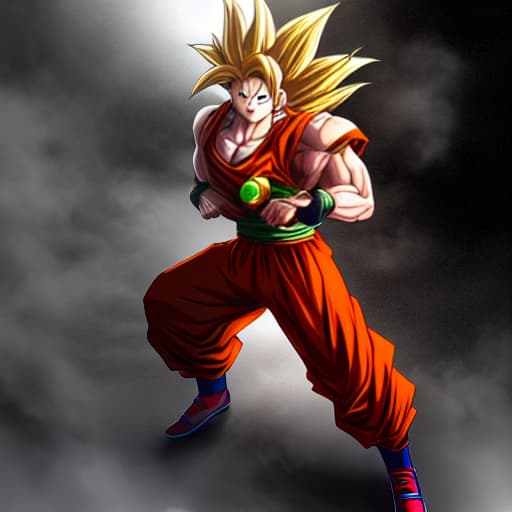  Goku super Saiyan hyperrealistic, full body, detailed clothing, highly detailed, cinematic lighting, stunningly beautiful, intricate, sharp focus, f/1. 8, 85mm, (centered image composition), (professionally color graded), ((bright soft diffused light)), volumetric fog, trending on instagram, trending on tumblr, HDR 4K, 8K