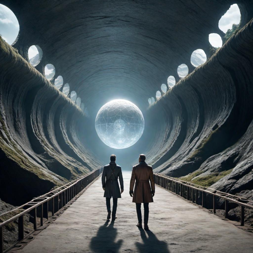  A mysterious and fictional depiction of the Hollow Earth, featuring a network of tunnels, underground civilizations, and unique geological formations. hyperrealistic, full body, detailed clothing, highly detailed, cinematic lighting, stunningly beautiful, intricate, sharp focus, f/1. 8, 85mm, (centered image composition), (professionally color graded), ((bright soft diffused light)), volumetric fog, trending on instagram, trending on tumblr, HDR 4K, 8K