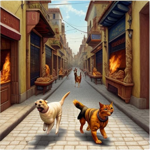  A dog and a cat running with a roast chicken in their mouths along a boulevard of merchants, curious details in the image,realistic visión