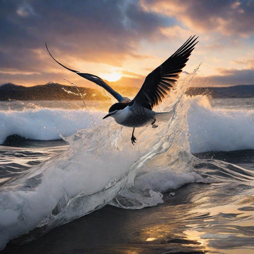  Masterpiece, best quality, the waves converge to become an abstract bird, soaring freely in the open sky. Mood is dynamic and awesome, capturing the raw power and beauty of nature. Art is a photograph that captures the moment the waves form a bird, frozen in time. Lighting is dramatic, sunlight penetrating clouds and projecting onto the bird, creating a sense of drama and intensity.