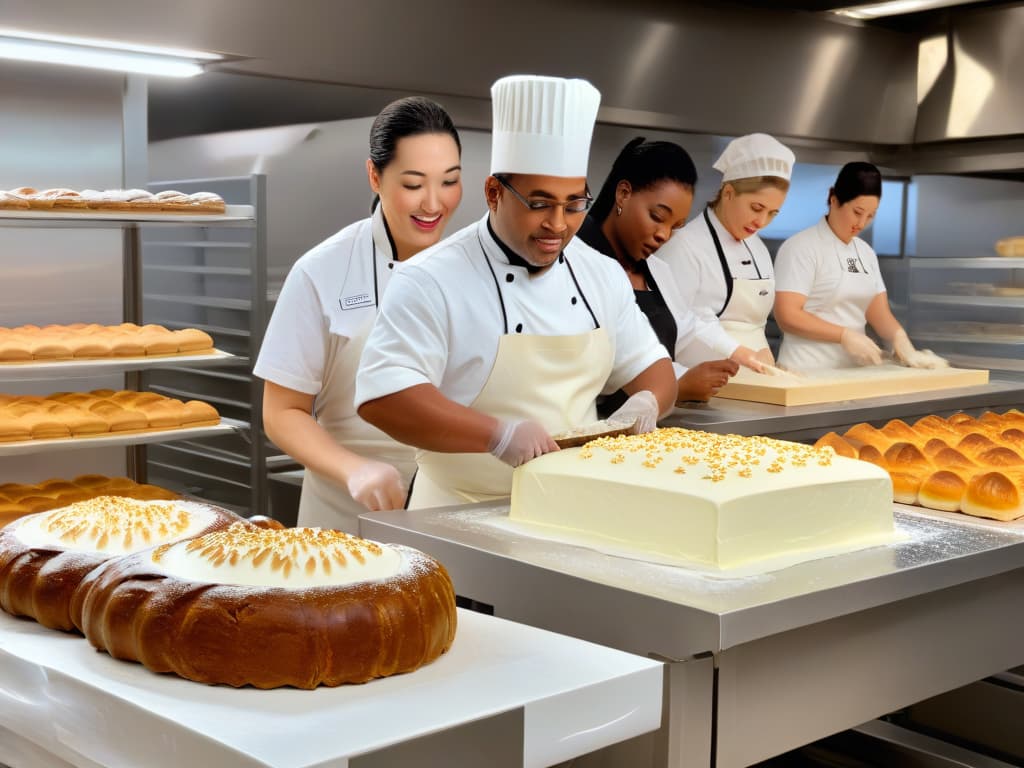  An ultradetailed image of a diverse group of bakers with various disabilities, each passionately working on their craft in a modern bakery setting. The image showcases a visually striking array of differentlyabled individuals kneading dough, decorating pastries, and sharing smiles of determination and empowerment. Each baker is highlighted with meticulous detail, capturing their unique characteristics and the essence of their inspiring journey in the art of baking. The background features sleek, minimalistic bakery decor, subtly emphasizing the focus on the bakers and their incredible stories. hyperrealistic, full body, detailed clothing, highly detailed, cinematic lighting, stunningly beautiful, intricate, sharp focus, f/1. 8, 85mm, (centered image composition), (professionally color graded), ((bright soft diffused light)), volumetric fog, trending on instagram, trending on tumblr, HDR 4K, 8K