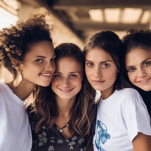 portrait+ style Three european women in t-shirts and two woman giving es to his on the cheek hug