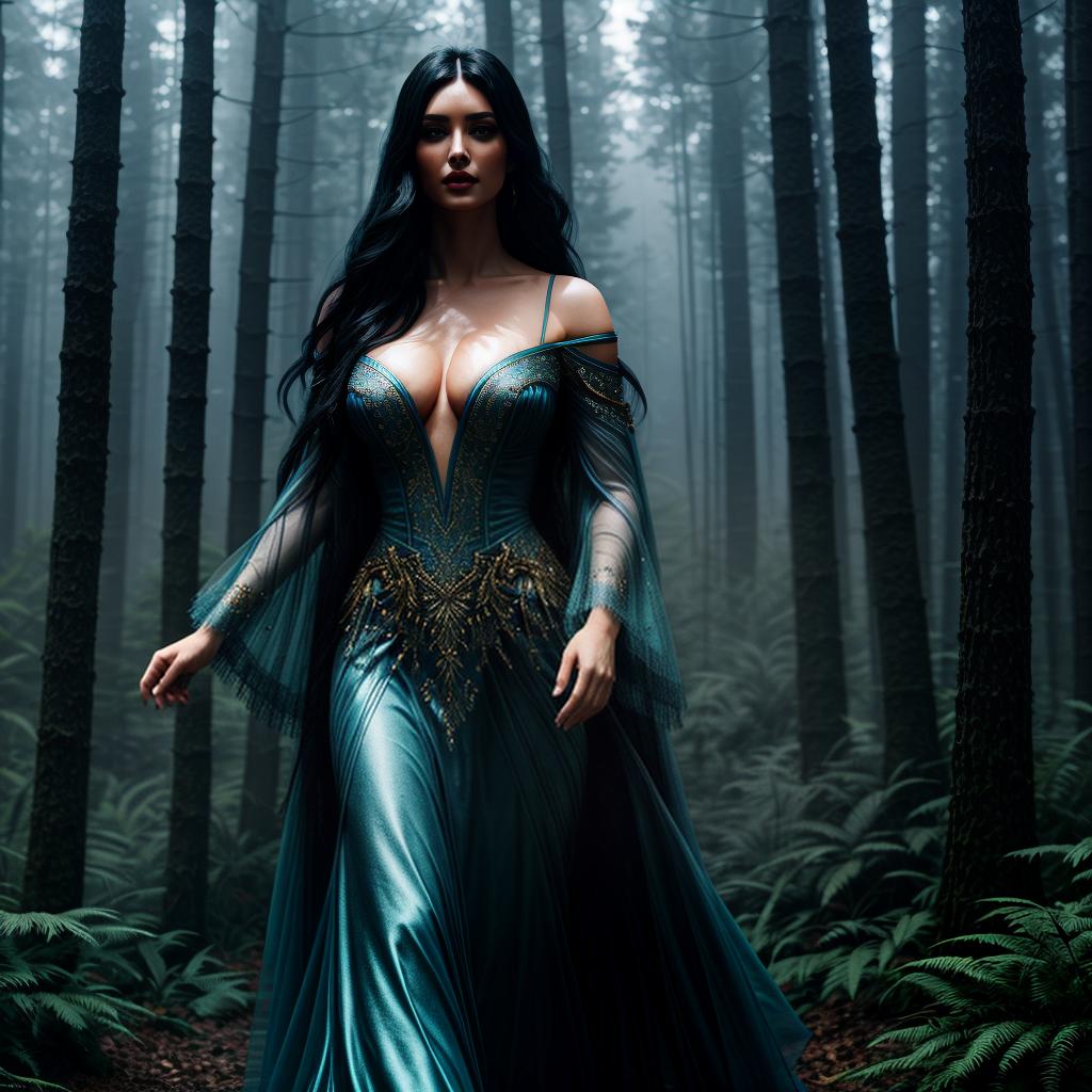  Girl with long black hair and blue eyes dancing in a mystical forest, detailed character design, realistic shading, 8k resolution, cinematic lighting, digital painting by Loish and Sakimichan, artstation, fantasy, enchanting atmosphere hyperrealistic, full body, detailed clothing, highly detailed, cinematic lighting, stunningly beautiful, intricate, sharp focus, f/1. 8, 85mm, (centered image composition), (professionally color graded), ((bright soft diffused light)), volumetric fog, trending on instagram, trending on tumblr, HDR 4K, 8K