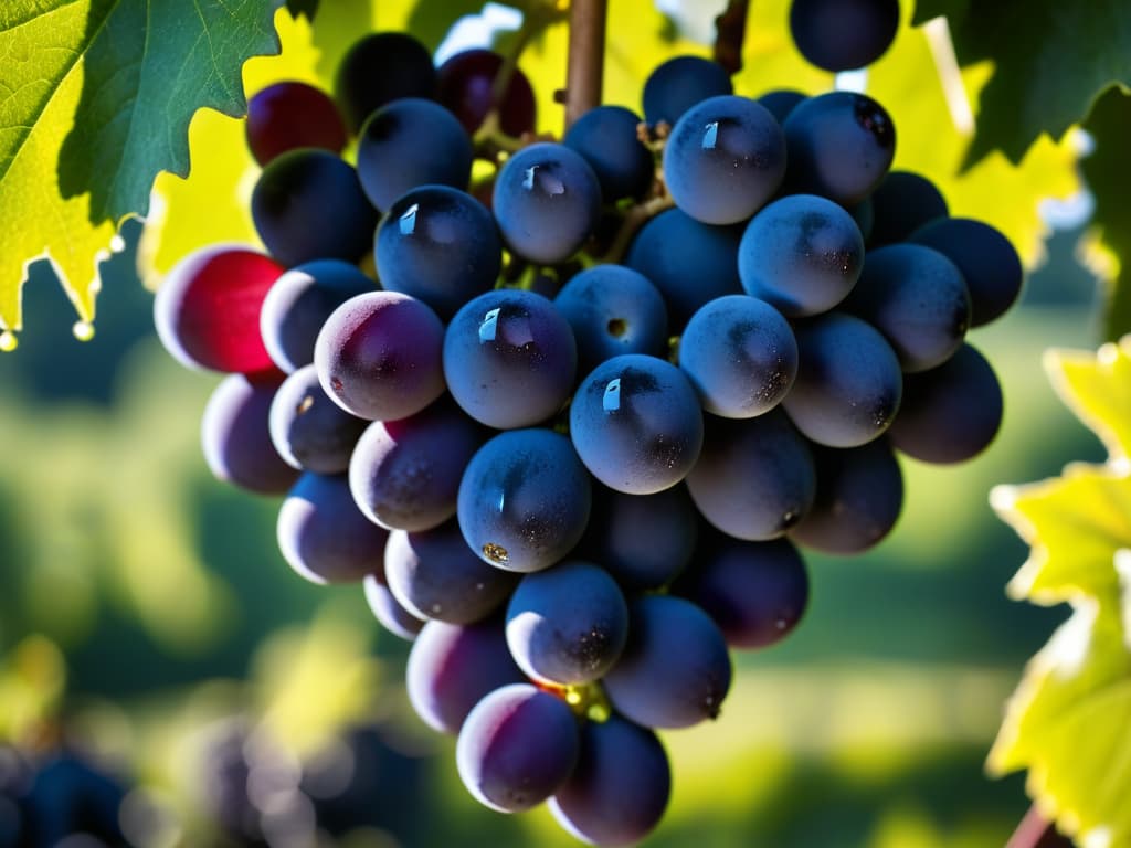  A closeup, ultradetailed shot of a handpicked cluster of perfectly ripe, deep purple grapes glistening with dewdrops under the morning sun in a vineyard, showcasing the meticulous attention to detail and artistry of winemaking during the Renaissance period. The image captures the essence of the historical connection between viticulture and the Renaissance era, highlighting the beauty and significance of wine culture in that time. hyperrealistic, full body, detailed clothing, highly detailed, cinematic lighting, stunningly beautiful, intricate, sharp focus, f/1. 8, 85mm, (centered image composition), (professionally color graded), ((bright soft diffused light)), volumetric fog, trending on instagram, trending on tumblr, HDR 4K, 8K
