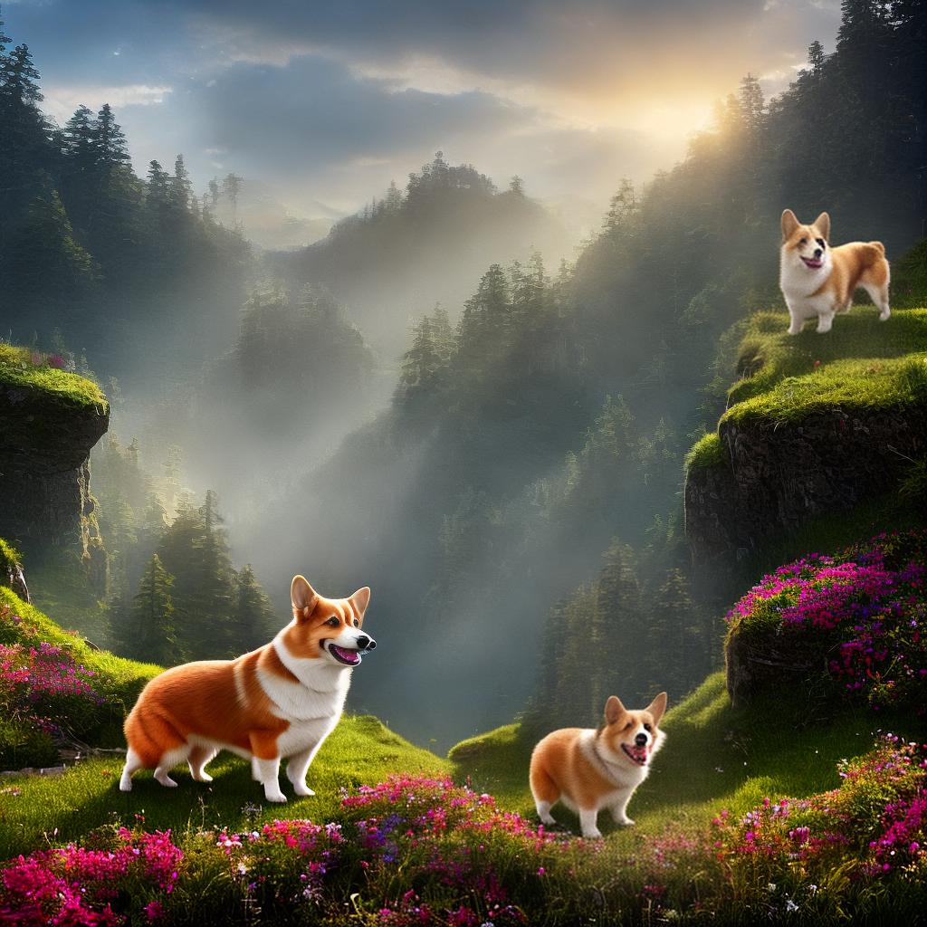  A ((masterpiece)), (((best quality))), 8k, high detailed, ultra-detailed artwork of a crazy corgi. The corgi is (running) in a (lush green field), surrounded by (colorful wildflowers). The (sun) is (setting) in the background, casting a warm golden light over the scene. The corgi's fur is (fluffy and tri-color), with shades of (brown, white, and black). The corgi's tongue is (hanging out) as it (wags) its tail in excitement. The artwork is created by the talented artist ((name)) and can be found on their website ((website)). hyperrealistic, full body, detailed clothing, highly detailed, cinematic lighting, stunningly beautiful, intricate, sharp focus, f/1. 8, 85mm, (centered image composition), (professionally color graded), ((bright soft diffused light)), volumetric fog, trending on instagram, trending on tumblr, HDR 4K, 8K