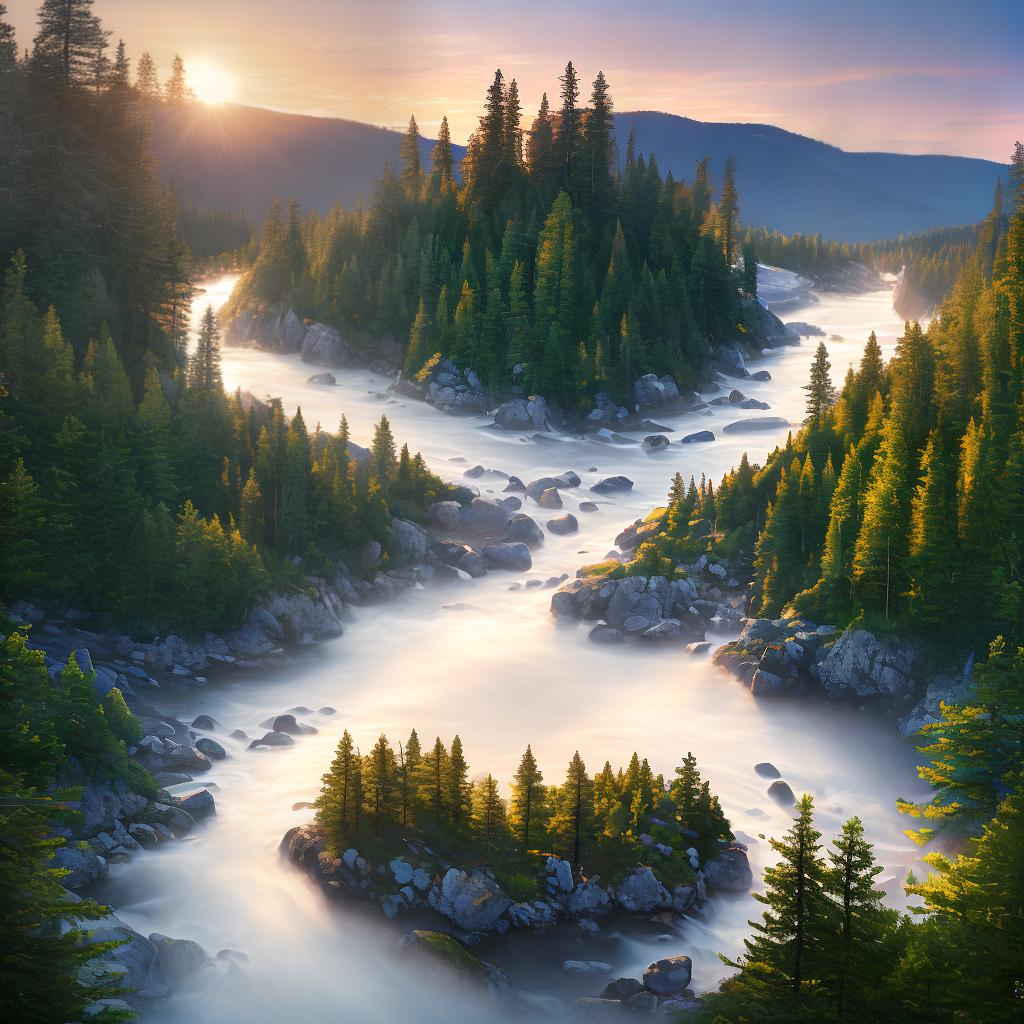  Immerse yourself in the tranquility of a serene landscape captured in the highest quality. This masterpiece presents a flowing river, tall pine trees, and a stunning sunset in exquisite detail. The scene offers a perfect blend of nature's beauty and artistic finesse. hyperrealistic, full body, detailed clothing, highly detailed, cinematic lighting, stunningly beautiful, intricate, sharp focus, f/1. 8, 85mm, (centered image composition), (professionally color graded), ((bright soft diffused light)), volumetric fog, trending on instagram, trending on tumblr, HDR 4K, 8K