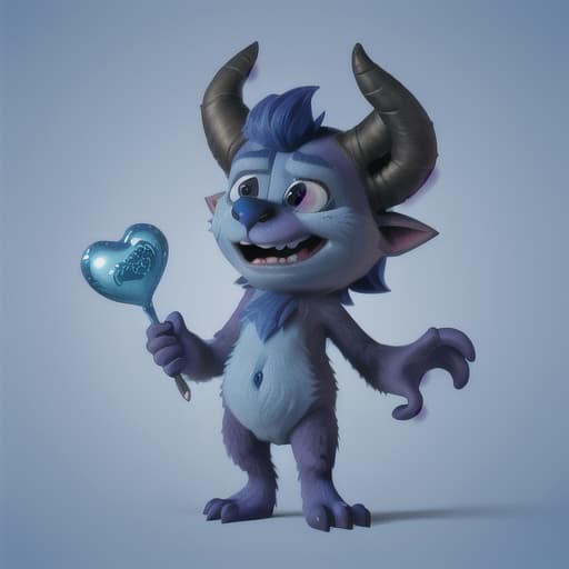  image of a humorous, blue-furred monster with horns and a big heart, designed with the detailed and expressive animation quality characteristic of Pixar