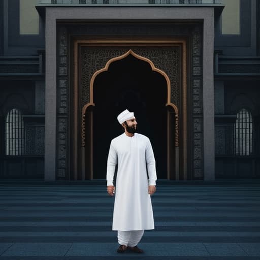  a Muslim boy standing in front of Khana kaba wearing white kurta white Muslim style hat hyperrealistic, full body, detailed clothing, highly detailed, cinematic lighting, stunningly beautiful, intricate, sharp focus, f/1. 8, 85mm, (centered image composition), (professionally color graded), ((bright soft diffused light)), volumetric fog, trending on instagram, trending on tumblr, HDR 4K, 8K