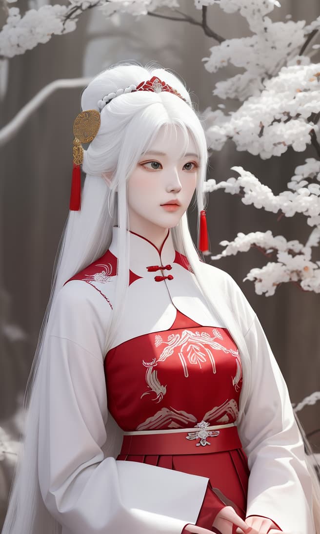  Help me draw an image of a tall, white haired, long haired, ancient woman dressed in red. Her name is Huo Hongyue, and it should have the artistic conception that reflects her name.